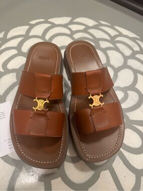 Celine Double Strap Mule 40 Cognac Leather Slide Sandals with Gold Accent sz 38